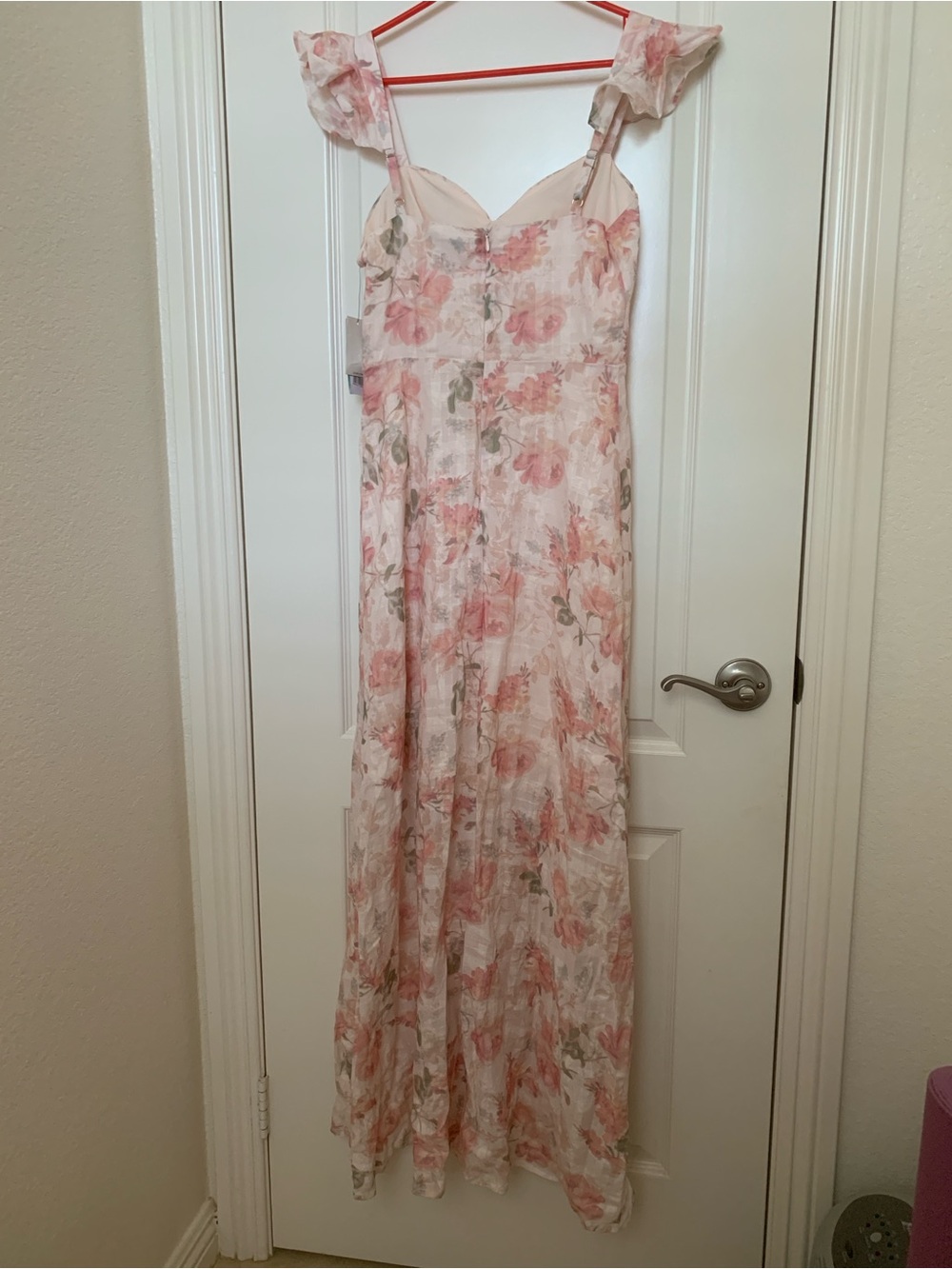 NWT Guess Sweetest Rose Print Pink Linen Blend Maxi Dress Size 2 Flutter Sleeve - Picture 3 of 15